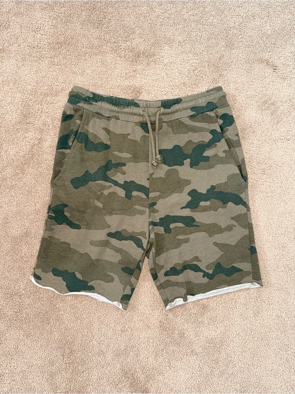 Title: H&M Camo Sweat Shorts Men’s Small Green Cotton Raw Hem Lounge Casual